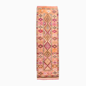Alfombra de camino turca vintage de lana rosa marrón naranja