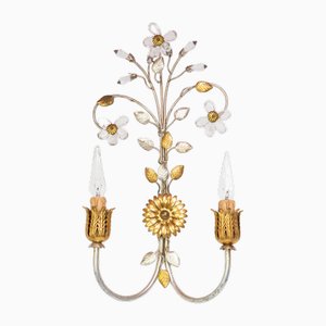 Italian Wall Light in Silver and Gold Metal with Flowers, 1980s