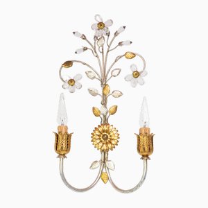 Lámpara de pared italiana de metal plateado y dorado con flores, años 80