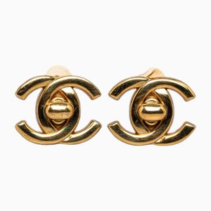 Gold Plated Coco Mark Turnlock Motif Earrings from Chanel, Set of 2