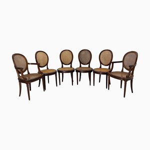 Louis XVI French Wood & Cane Chairs & Armchairs, 1890s, Set of 6