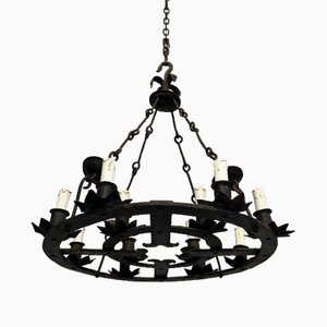 Lustre de Style Gothique en Fer Forgé avec 12 Lumières, 1940s