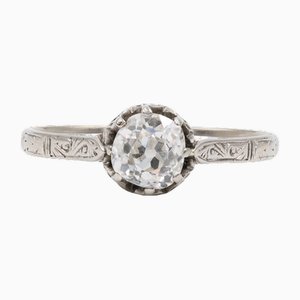 18k White Gold Ring with Mine Cut Diamond, 1940s