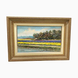 Hans De Jong, Flower Fields, Oil on Panel, Framed