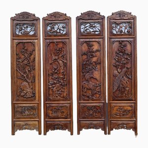 Chinese Carved Room Divider Screens Crane Bird Carvings, 1880s, Set of 4
