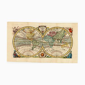 Mapa del mundo de doble hemisferio en inglés que muestra los descubrimientos