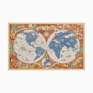 Air France Poster Map of the World in a Double Hemisphere, 1950s