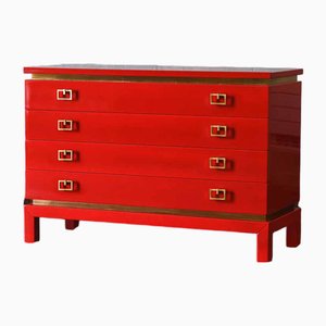 China Lacquered Series Red Chest of Drawers with Brass Details, 1970s