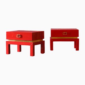 China Red Bedside Tables with Brass Details from the 1970s, Set of 2
