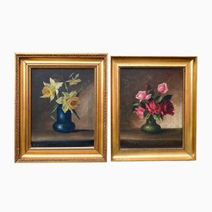 S. Thomsen, Flowers in Vases, 1940s, Oil on Canvas Paintings, Set of 2