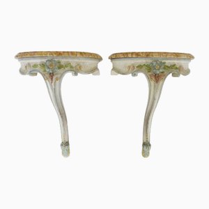 Louis XV Wall Consoles in Lacquered Polychrome Wood and Marble Top from Maison Jean Mocque, Paris, 1960s