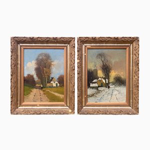 Artiste de l'école danoise, Figure on Country Track in Summer and Winter, 1920s, Oil on Wood Paintings, Encadré, Set de 2