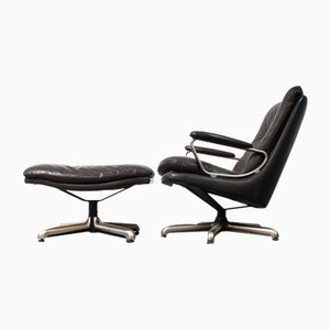 Set of Brown Leather Lounge Chair with Matching Stool by André Vandenbeuck for Strässle, 1960s