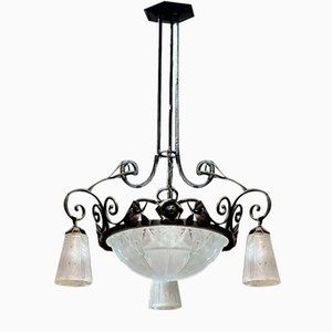 Lampadario Art Déco in vetro e ferro battuto di Muller Frères Luneville