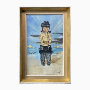 Brewsen, Jolly Inuit Child Standing on Coastline, 1964, Oil on Canvas, Framed