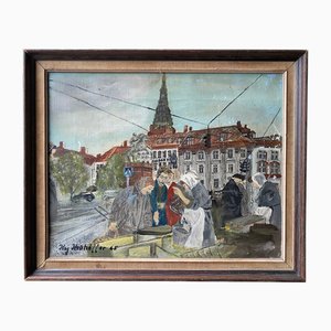 Koj Kiühoffer, Figures at a Busy Fish Market on the Gammel-Strand, 1950, Oil on Canvas, Framed