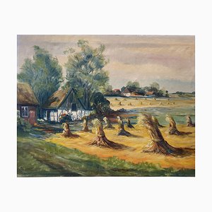 École d'Artiste, Danemark, Scène Impressionniste de Meules de Foin d'Été, Huile sur Toile, 1940s