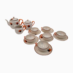 Juego de té de porcelana policromada, Japón, años 60. Juego de 15