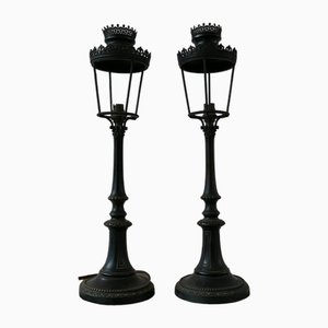 French Bronze Table Lamps in the Form of Street Lanterns, 1930s, Set of 2