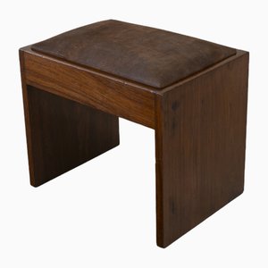 Small Art Deco Footstool or Stool in Walnut & Leather, 1930s