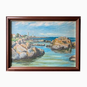 C. Hollen, Rock Pools and Harbour, Oil on Canvas, 1940s, Framed