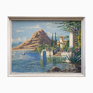 G. Vogl, Mediterranean Villa by Lake, 1950s, Oil on Canvas, Framed