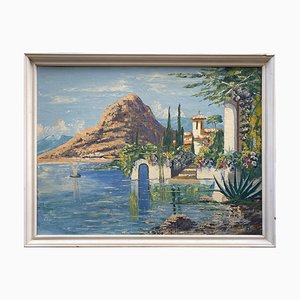 G. Vogl, Villa mediterranea in riva al lago, anni '50, Olio su tela, con cornice