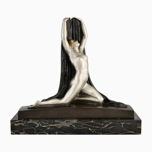 F. Trinque, Art Deco Akt mit Vorhang, 1920er, Bronze & Marmor