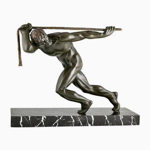 Maurice Guiraud Riviere, Sculpture Art Déco d'Athlète Masculin avec Corde, 1930, Bronze & Marbre