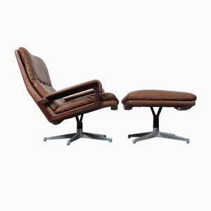 Strässle King Chair & Stool in Brown Leather by André Vandenbeuck for Strässle, 1970s, Set of 2