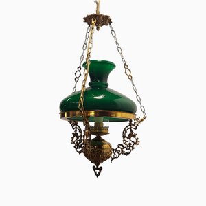 Ground Cast Bronze Quinqué Ceiling Lamp with Green Shade, 1950s