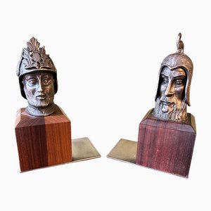 Bookends with Heads of Cenacchi Knights in Wood, Pewter and Silver, Set of 2