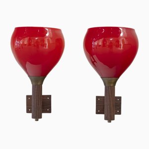 Large Red Opaline Glass Wall Lights, Italy, 1960, Set of 2