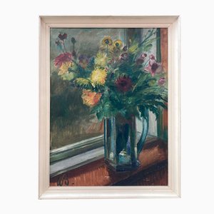 Continental School Artist, Flowers in Vase, Huile sur Toile, 1950s, Encadré