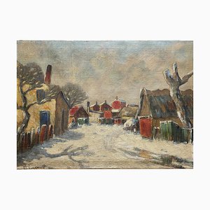 N Tinkmav, Snow and Red Buildings, Early-Mid 20th Century, Oil on Canvas