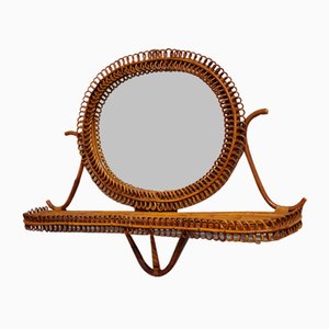 Mid-Century Mirror with Curved Wicker and Bamboo Shelf attributed to Albini, Italy, 1960s