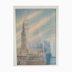 Architektonisches Stadtbild von New York City, 1930er, Aquarell, gerahmt