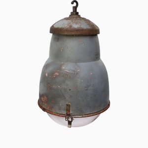 Vintage French Industrial Round Gray Metal Glass Pendant Light from Philips