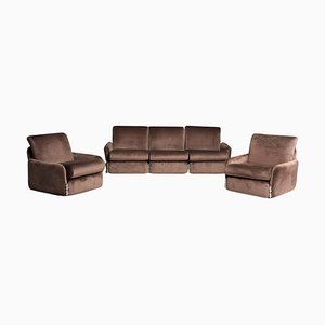Braunes Sofa & Sessel mit Samtbezug & Verchromten Details, 1970er, 3er Set
