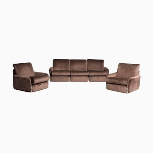 Brown Sofa and Armchairs in Velvet & Chromed Details, 1970s, Set of 3