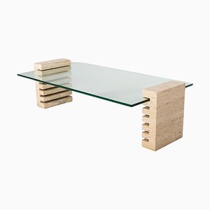 Mid-Century Modern Coffee Table in Glass and Travertine, 1970s