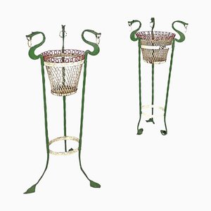 Italian Art Nouveau White Green Wrought Iron Vase Holders with Dragons, 1900s, Set of 2