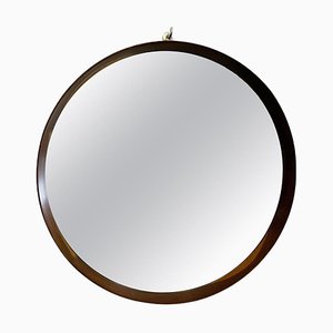 Mid-Century Modern Danish Round Wooden Brown Frame Mirror, 1960s
