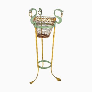 Italian Art Nouveau Yellow and Green Wrought Iron Vase Holder with Dragons, 1900s