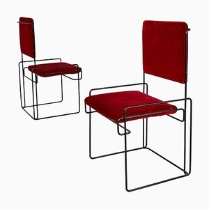 Italian Modern Burgundy Red Velvet and Black Metal Tubolar Chairs, 1980s, Set of 2