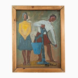 By the Water Pump, Oil Painting, 1950s, Framed