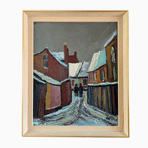 Snowy Village, Oil Painting, 1950s, Framed