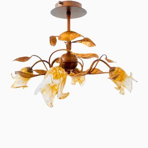 Vintage Italian Murano Gold Lily Ceiling Lamp, 1980s