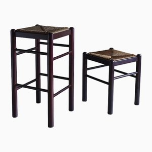 Vintage Stool and Bar Stool with Rush Seats, Italy, 1970s, Set of 2