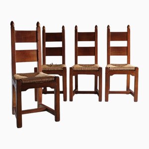 Brutalist Oak Rush Seat Chairs, France, 1960s, Set of 4